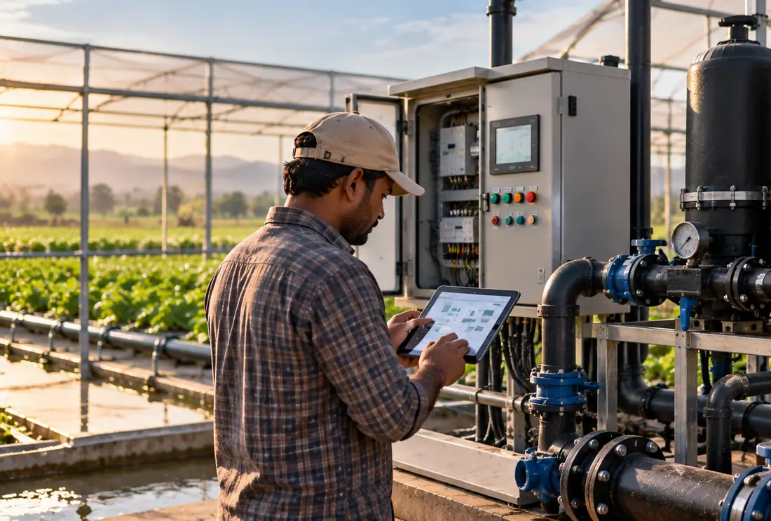 An operator with a tablet beside a greenhouse irrigation filtration and control system.