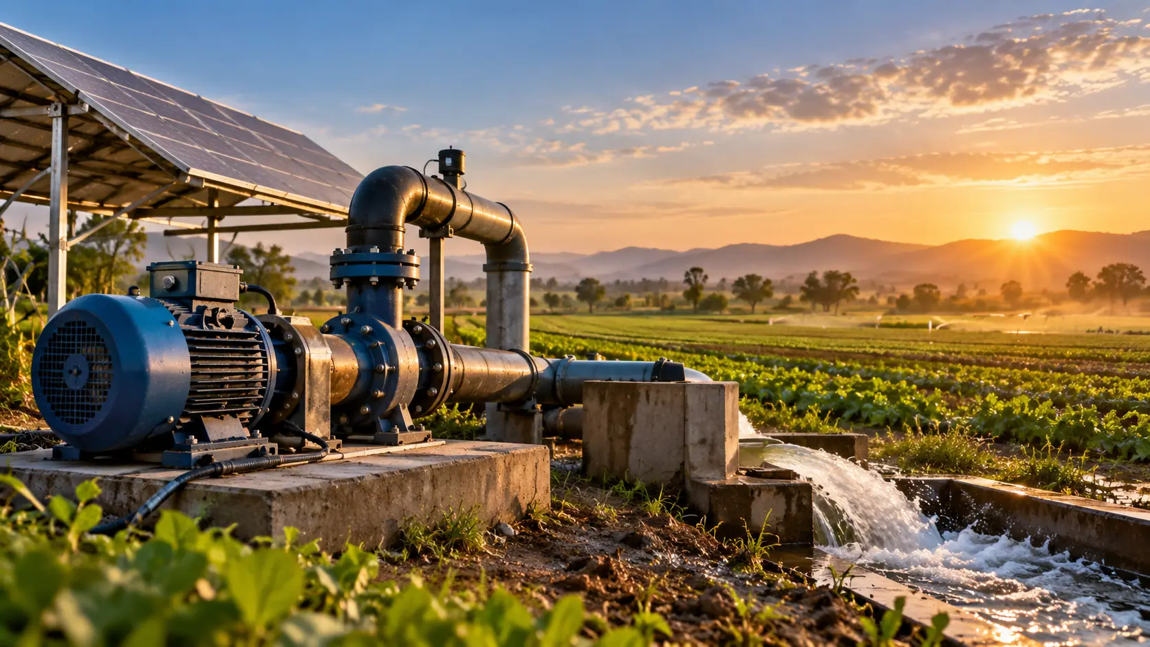A water pump, motor and piping beside a drip-irrigated field at sunrise, with solar panels overhead.