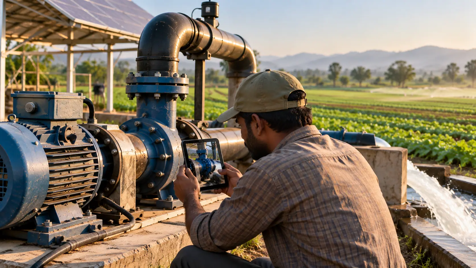 A technician photographing the nameplate of a farm irrigation pump beside a solar array.