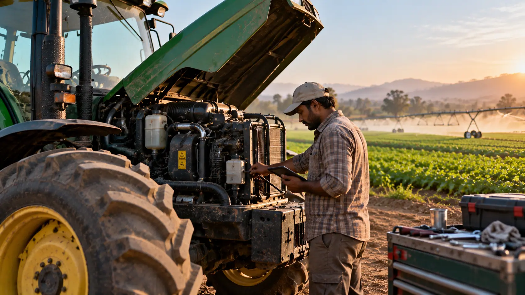 A mechanic inspecting the open engine bay of a tractor at golden hour, with green fields behind.