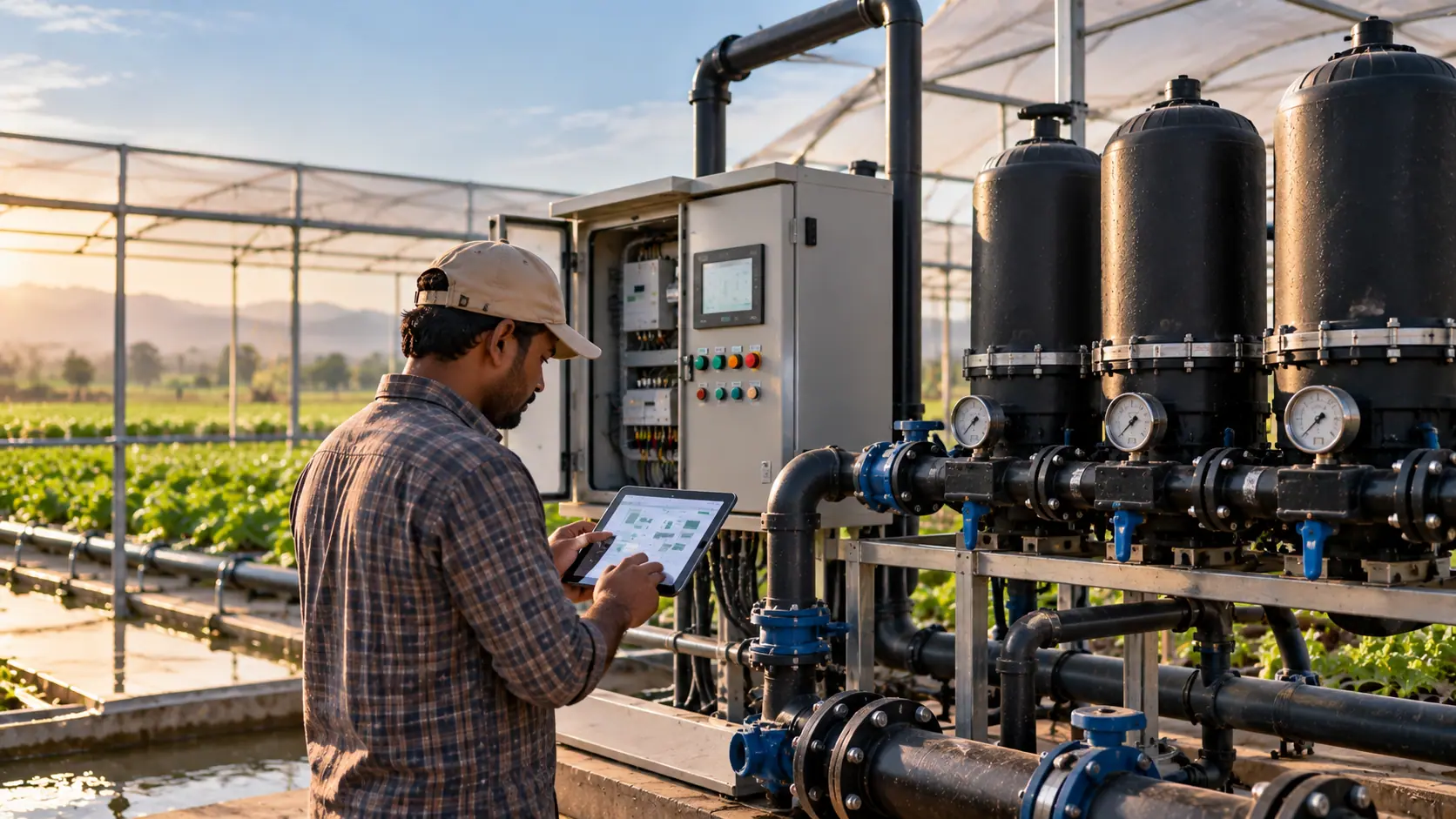 An operator reviewing a tablet beside a greenhouse irrigation filtration and control system.