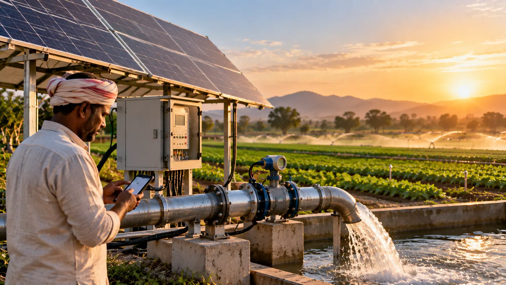 A farmer checking an irrigation pump and solar-powered control box at golden hour.
