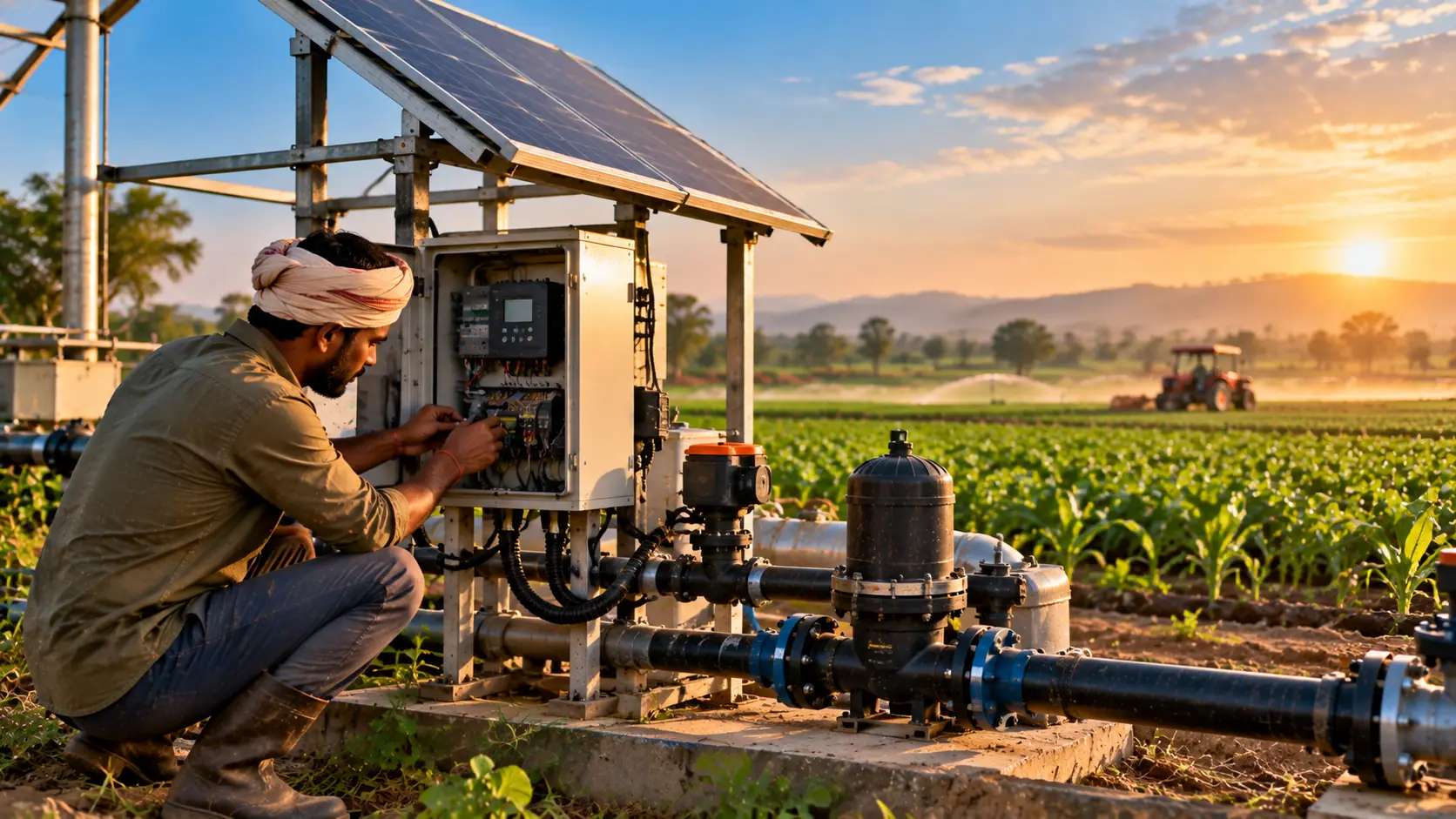 A farmer crouching beside a solar-powered irrigation control box and pump in a green field at golden hour.