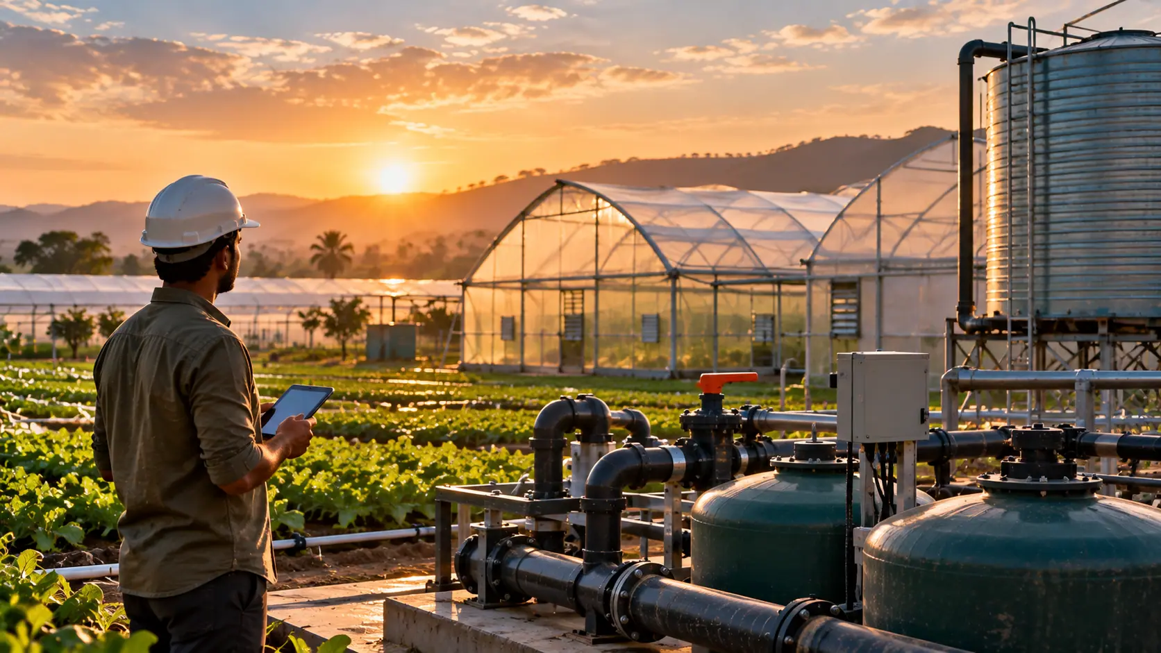 A person with a tablet beside irrigation pumps and a modern greenhouse farm at sunrise.