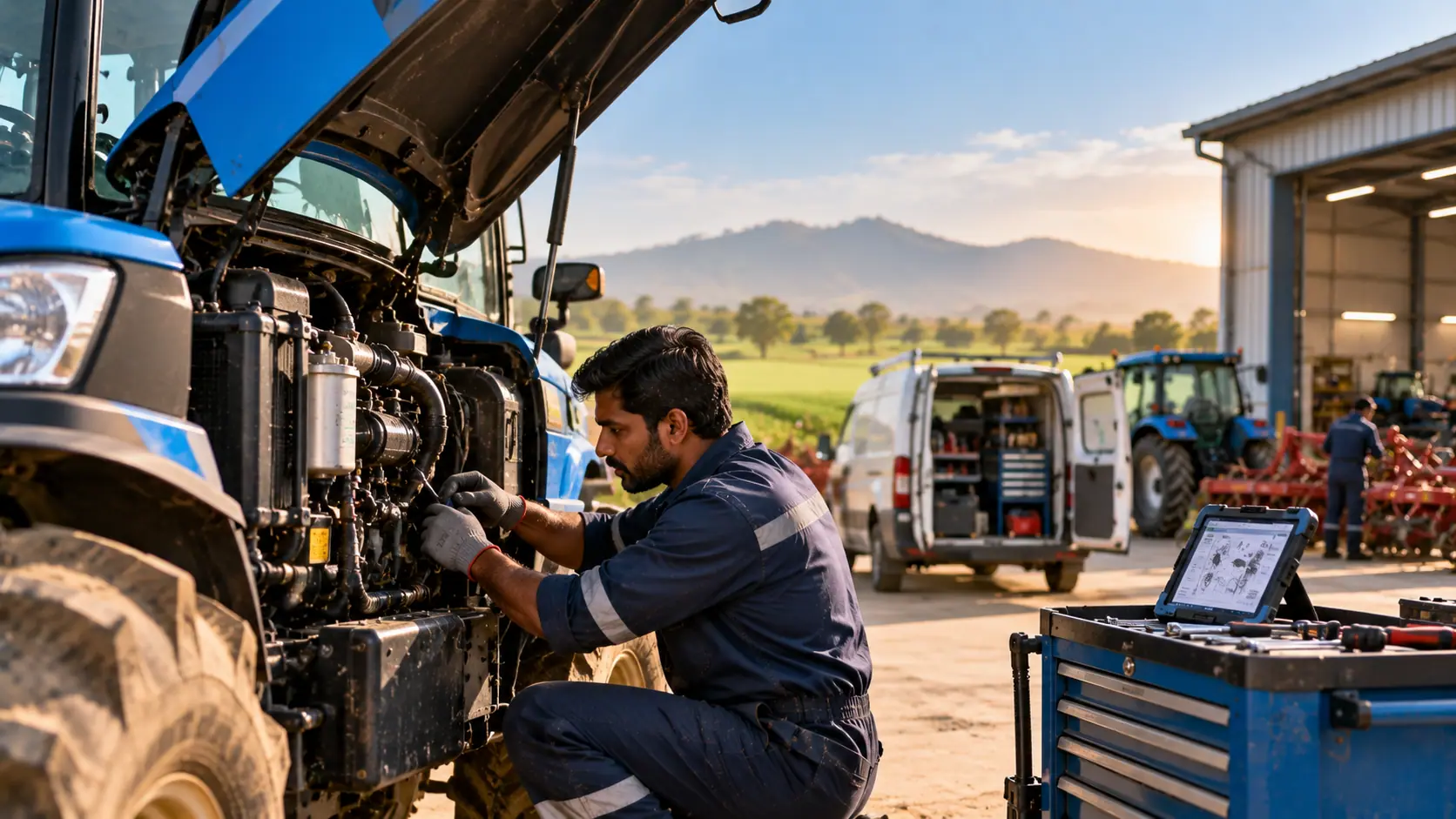 A service technician repairing the engine of a blue tractor beside a workshop, with a laptop and tool chest at hand.