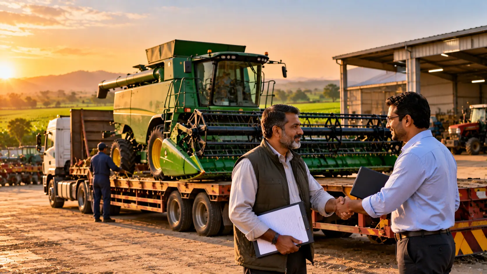 Two people shaking hands beside a combine harvester loaded on a transporter at golden hour.