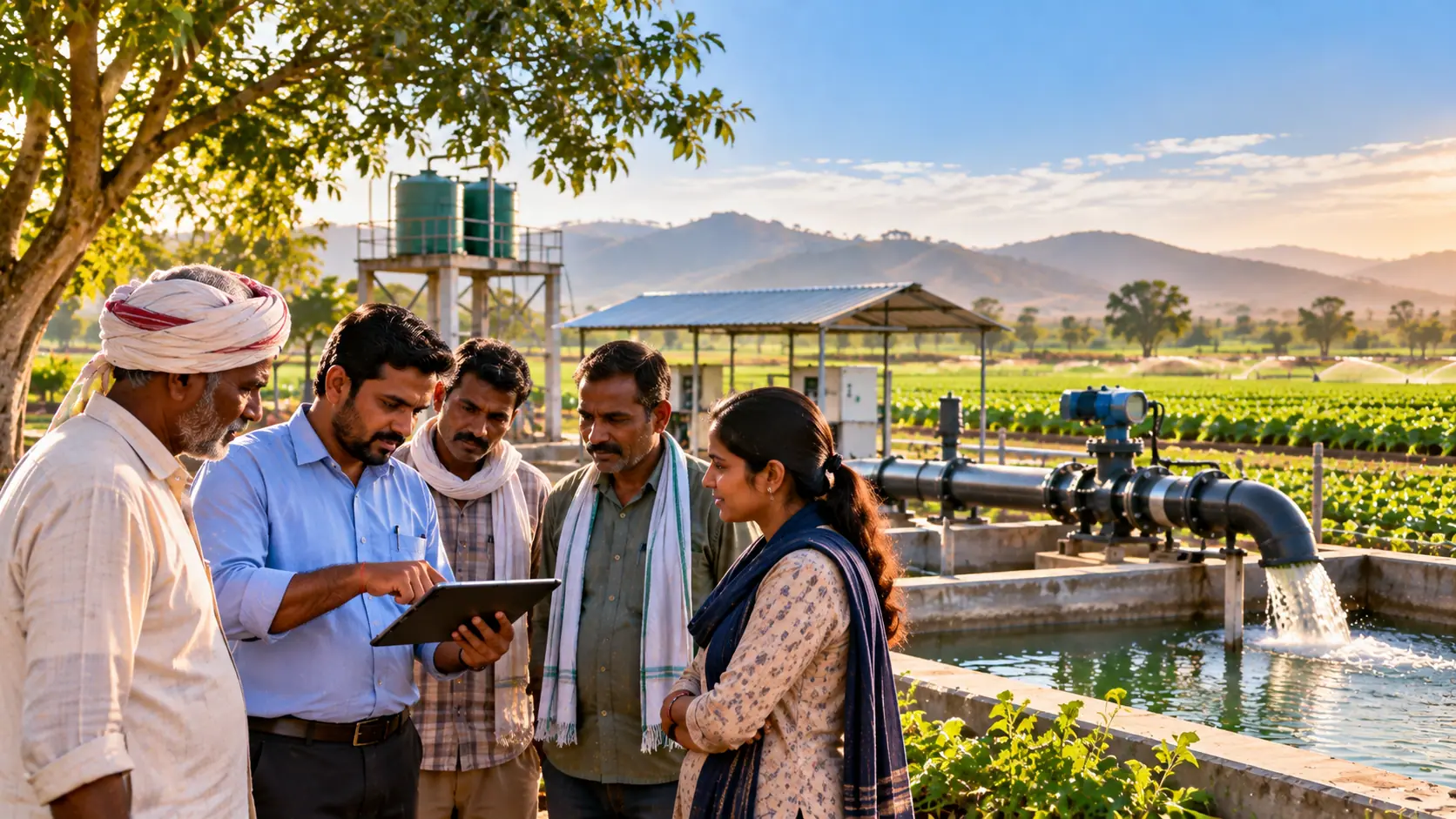 Farmers and an adviser reviewing a tablet together beside an irrigation basin and pump pipework.