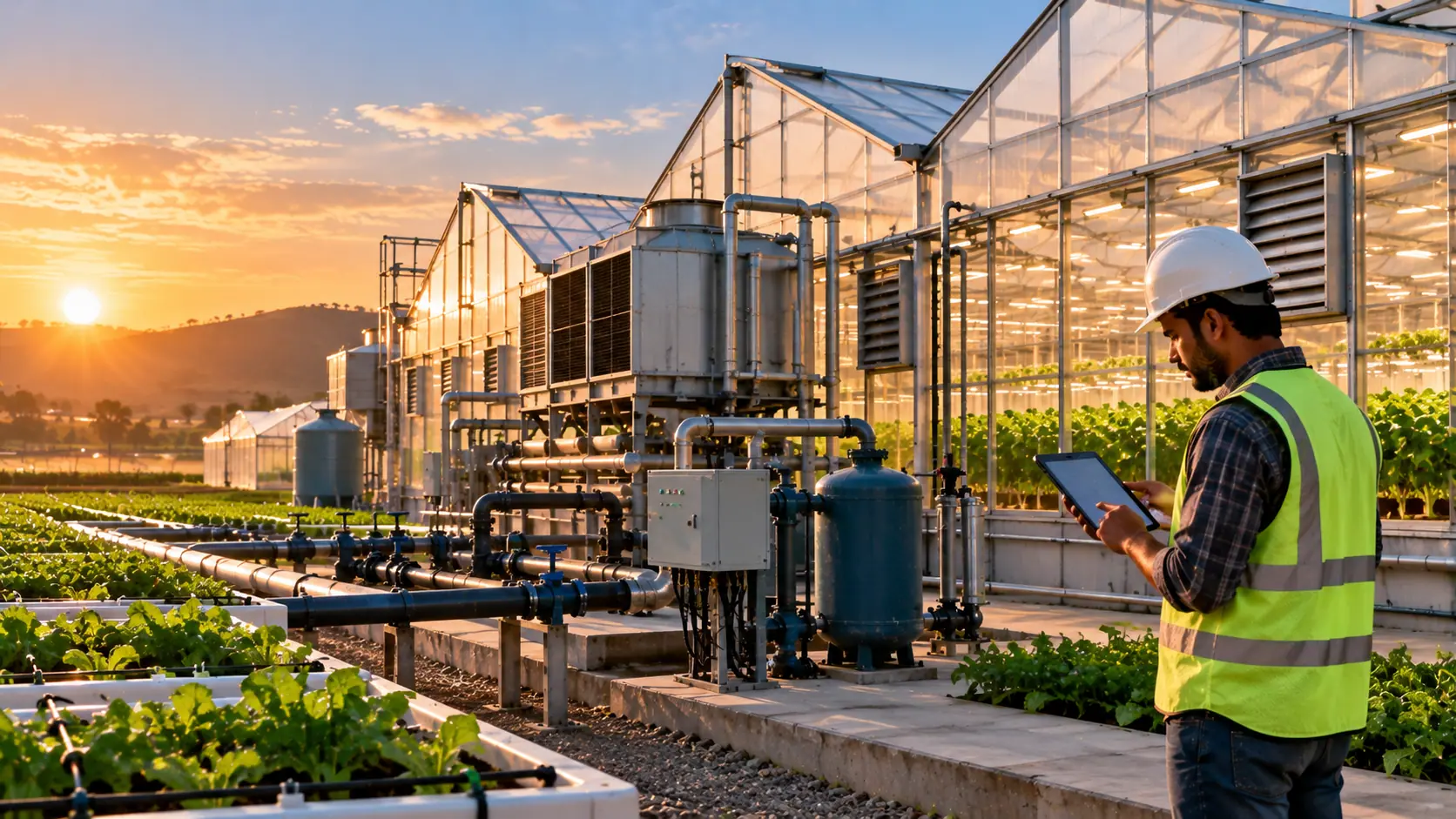An operator with a tablet beside greenhouse irrigation tanks and piping at sunset.