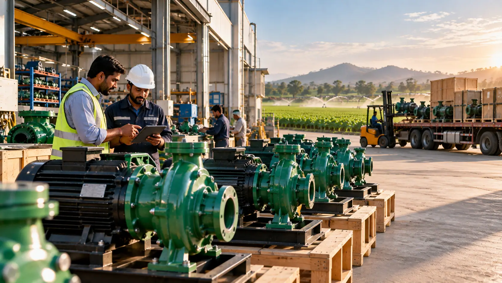 Two engineers reviewing a tablet beside new green irrigation pumps on pallets, with a delivery truck being loaded and irrigated fields behind.