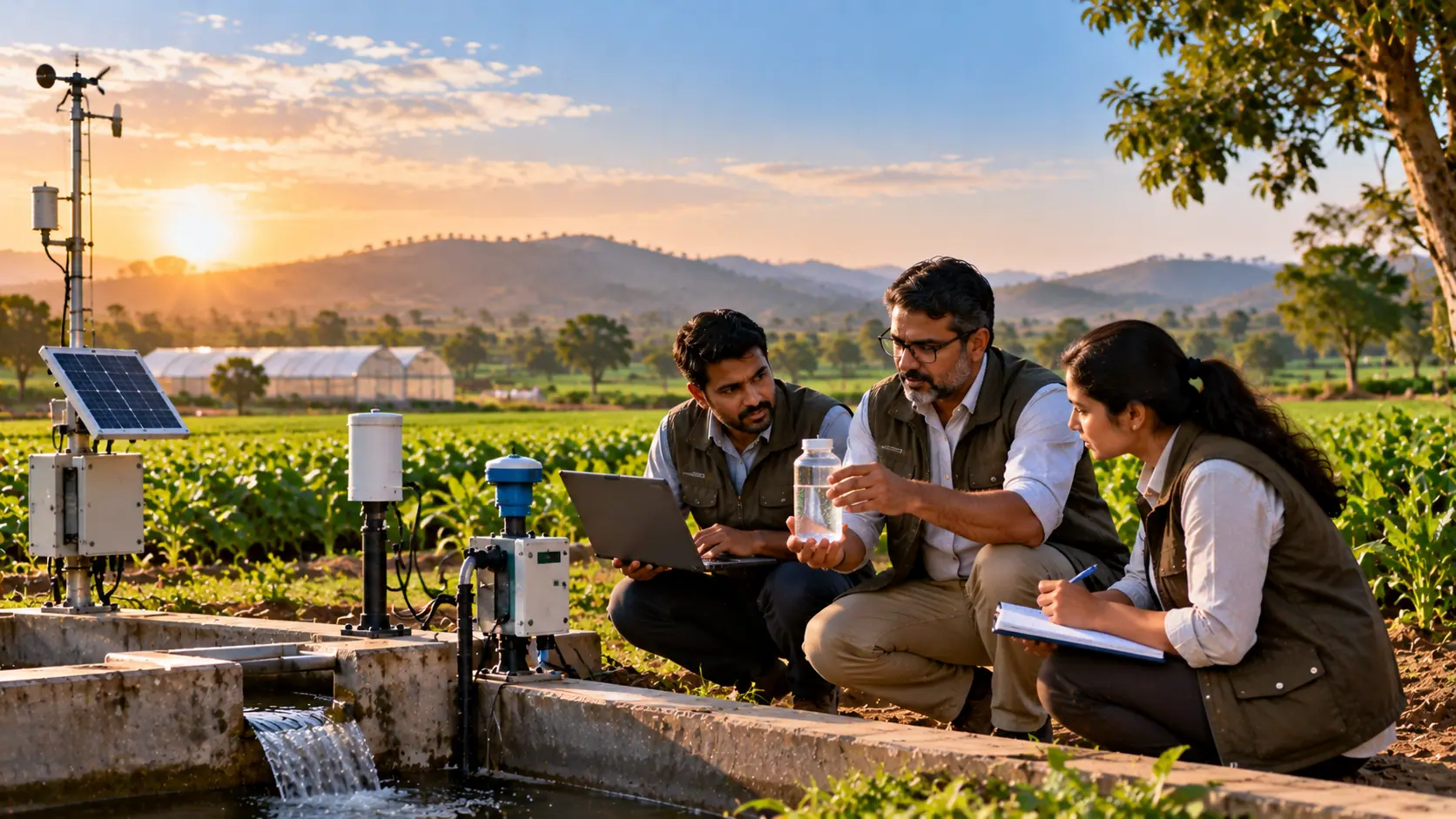 Three researchers taking notes and water samples beside irrigation-channel sensors in a field at sunset.