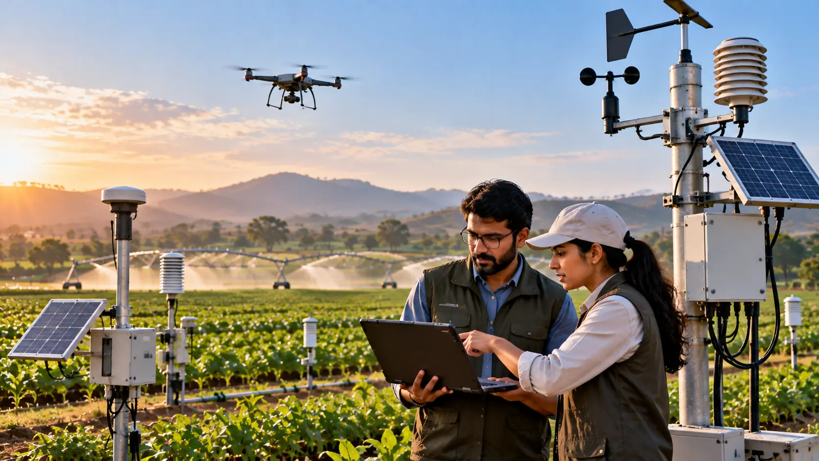 A researcher and an engineer with a laptop beside solar-powered weather and soil sensor stations, with a drone overhead.
