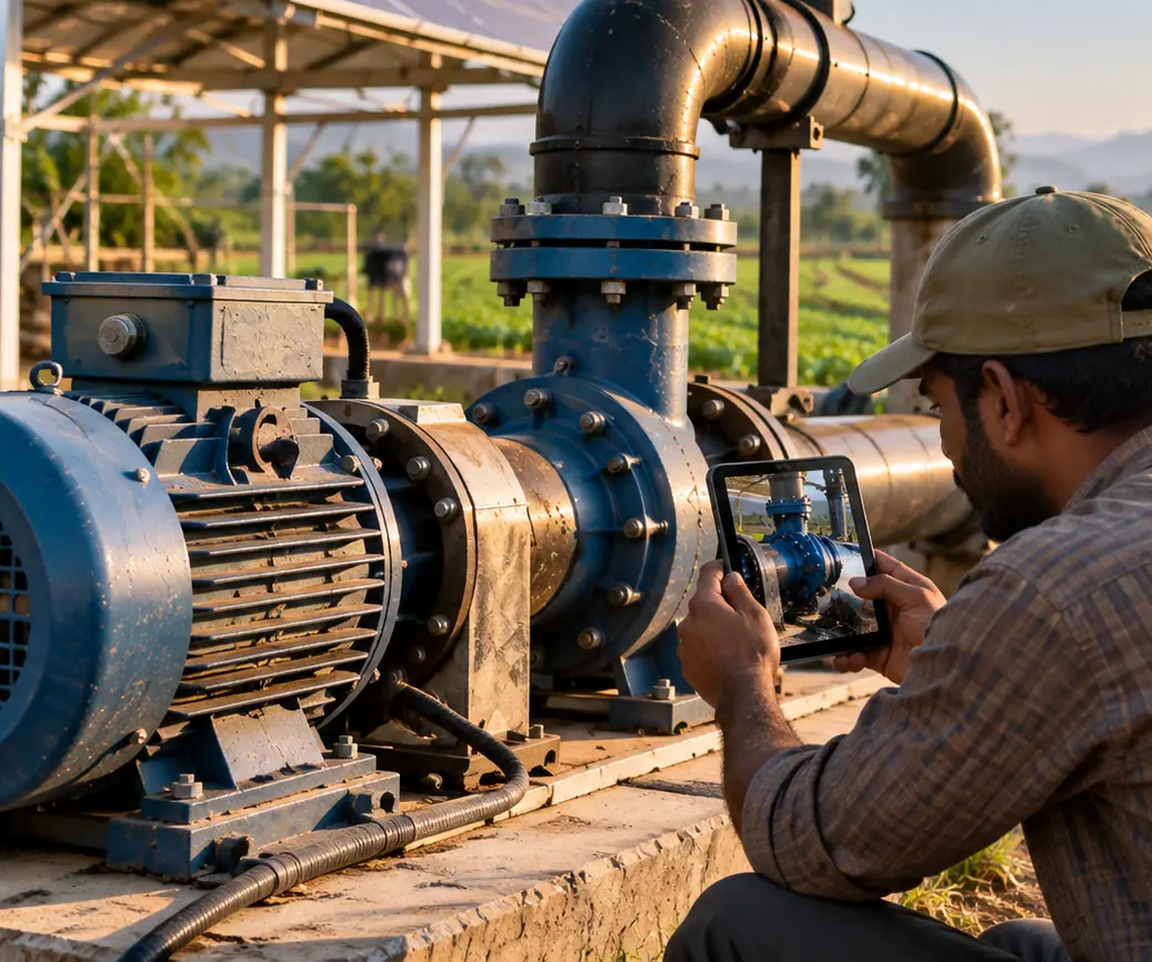 A technician photographing a farm irrigation pump nameplate.