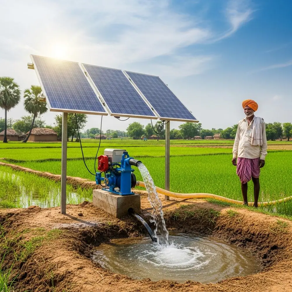 A farmer beside a solar-powered irrigation pump discharging water in a green paddy field.