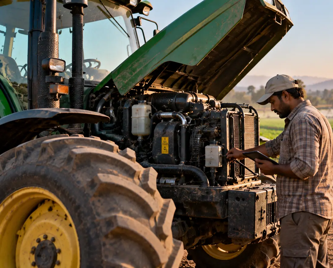 A mechanic checking a tractor engine in a field.